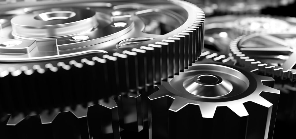Mechanism, gears and cogs at work. Industrial machinery